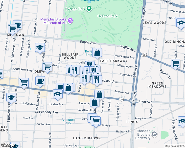 map of restaurants, bars, coffee shops, grocery stores, and more near 2108 Lasalle Pl in Memphis