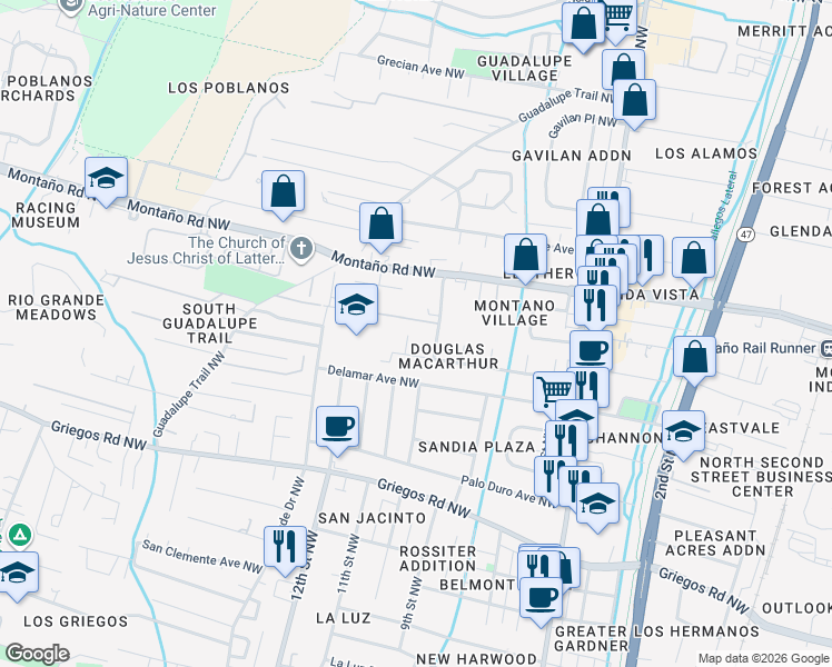 map of restaurants, bars, coffee shops, grocery stores, and more near 5322 10th Court Northwest in Albuquerque
