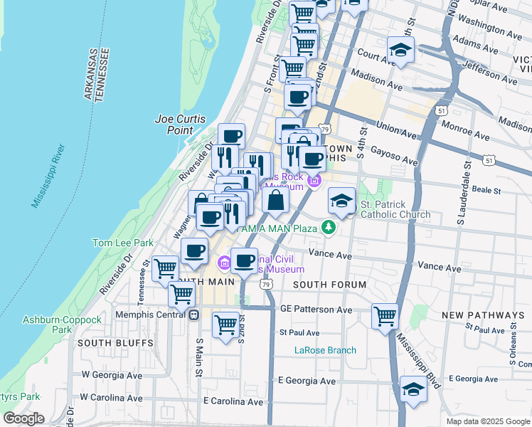 map of restaurants, bars, coffee shops, grocery stores, and more near South 2nd Street in Memphis