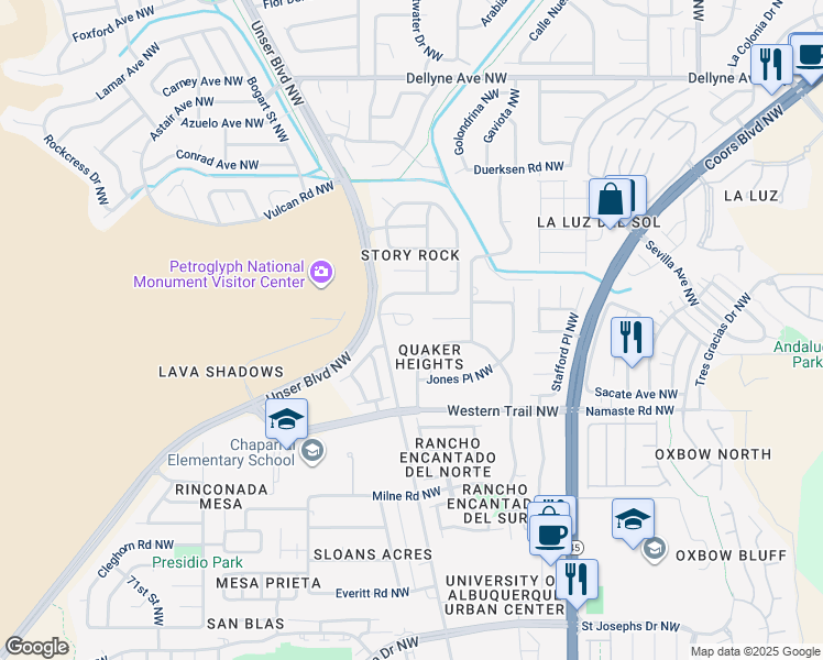 map of restaurants, bars, coffee shops, grocery stores, and more near 4848 Petra Pointe Circle Northwest in Albuquerque