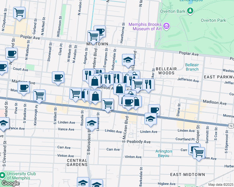 map of restaurants, bars, coffee shops, grocery stores, and more near 11 South Idlewild Street in Memphis