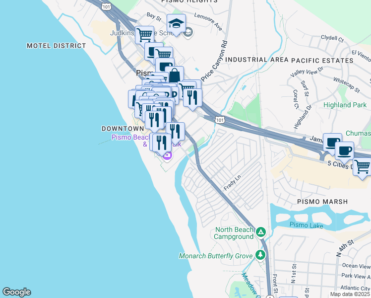 map of restaurants, bars, coffee shops, grocery stores, and more near 211 Addie Street in Pismo Beach