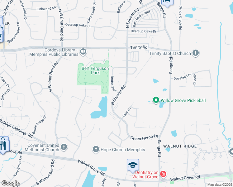 map of restaurants, bars, coffee shops, grocery stores, and more near 423 Bruins Trce in Memphis
