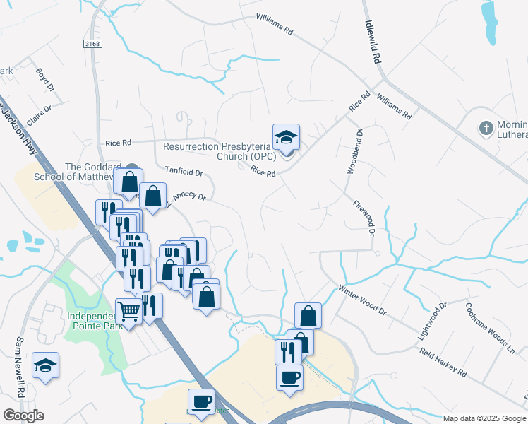 map of restaurants, bars, coffee shops, grocery stores, and more near 2839 Oakglade Court in Matthews