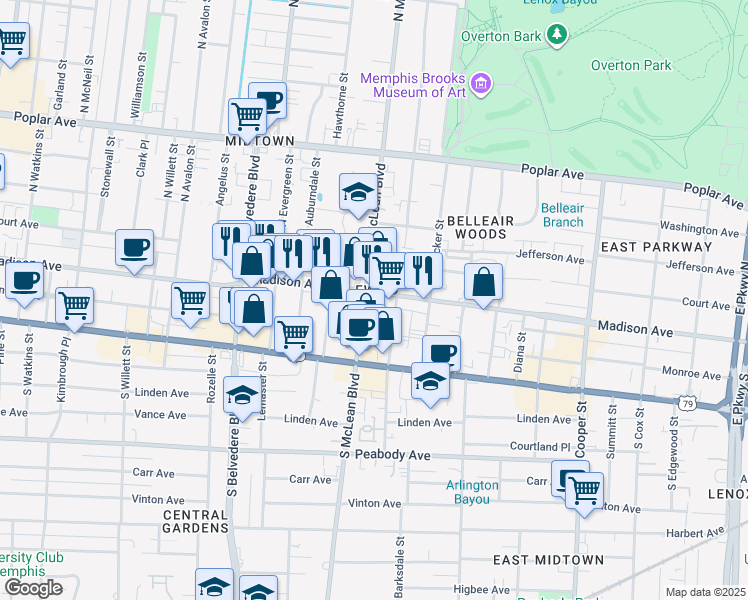 map of restaurants, bars, coffee shops, grocery stores, and more near 6 South McLean Boulevard in Memphis