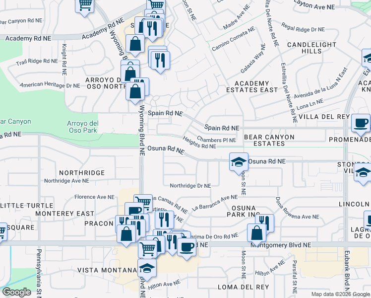 map of restaurants, bars, coffee shops, grocery stores, and more near 8604 Chambers Place Northeast in Albuquerque