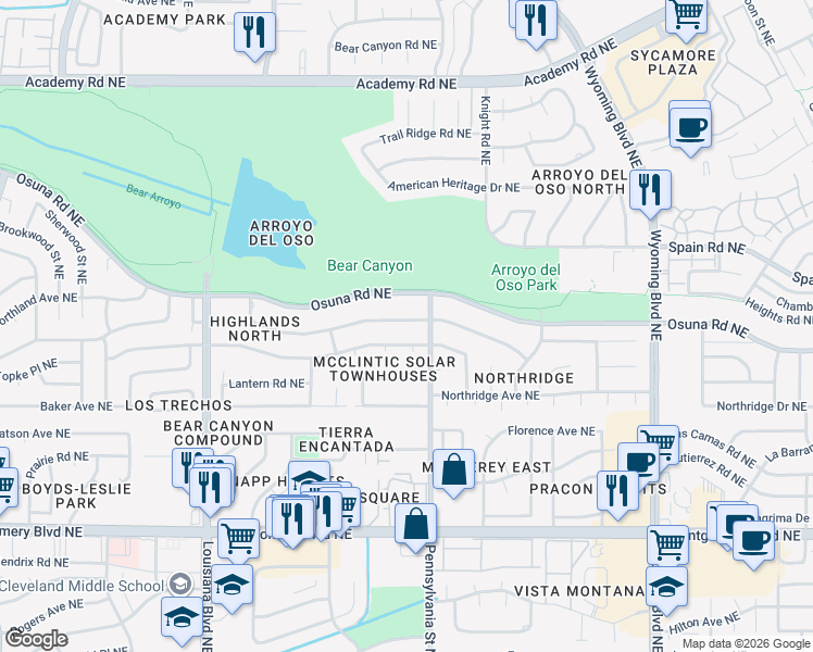 map of restaurants, bars, coffee shops, grocery stores, and more near 7504 Vista Del Arroyo Avenue Northeast in Albuquerque