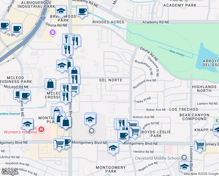 map of restaurants, bars, coffee shops, grocery stores, and more near 4508 Overland Street Northeast in Albuquerque