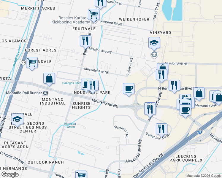 map of restaurants, bars, coffee shops, grocery stores, and more near 5697 Tokay Road Northeast in Albuquerque