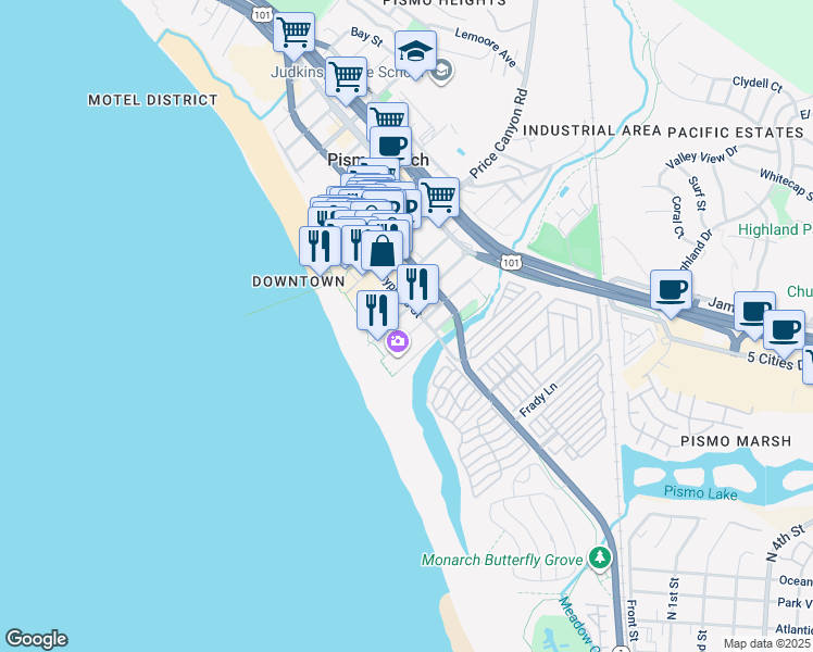 map of restaurants, bars, coffee shops, grocery stores, and more near 166 Ocean View Avenue in Pismo Beach