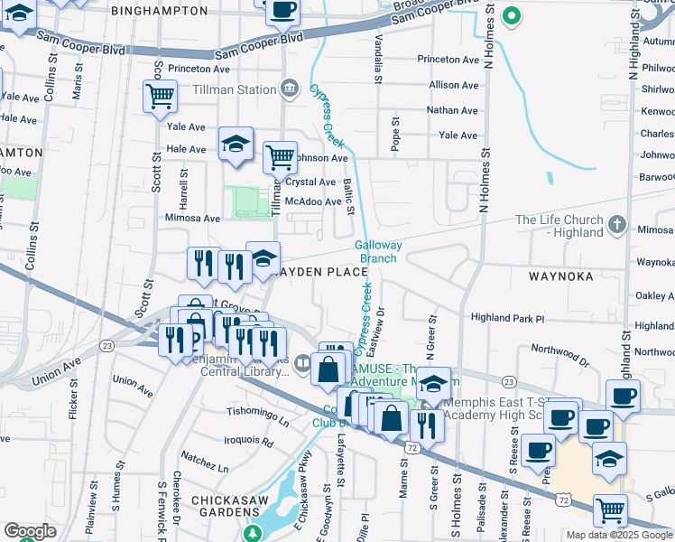 map of restaurants, bars, coffee shops, grocery stores, and more near 203 Wills Street in Memphis
