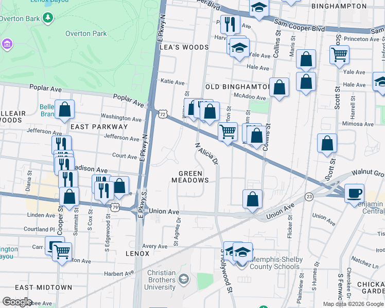 map of restaurants, bars, coffee shops, grocery stores, and more near 65 North Alicia Drive in Memphis