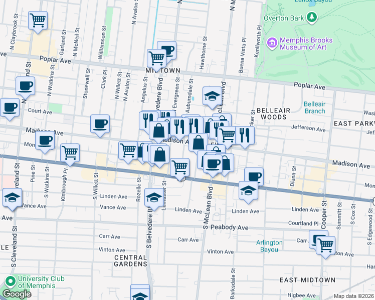 map of restaurants, bars, coffee shops, grocery stores, and more near 11 South Idlewild Street in Memphis