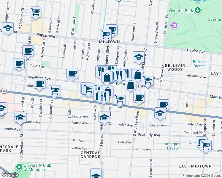 map of restaurants, bars, coffee shops, grocery stores, and more near 1703 Lockett Place in Memphis