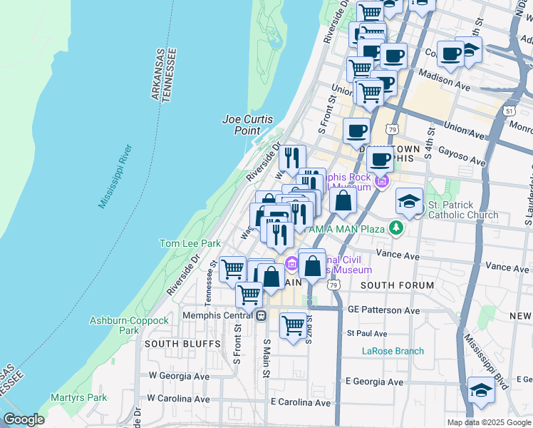 map of restaurants, bars, coffee shops, grocery stores, and more near 358 South Front Street in Memphis