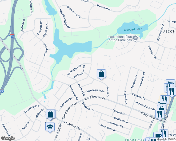 map of restaurants, bars, coffee shops, grocery stores, and more near 454 Waterbury Drive in Fayetteville