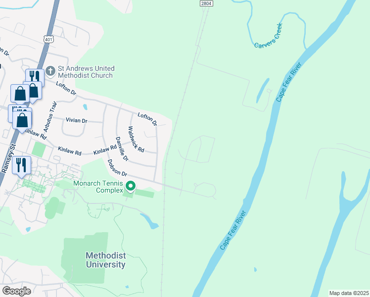 map of restaurants, bars, coffee shops, grocery stores, and more near 5813 Kindley Drive in Fayetteville