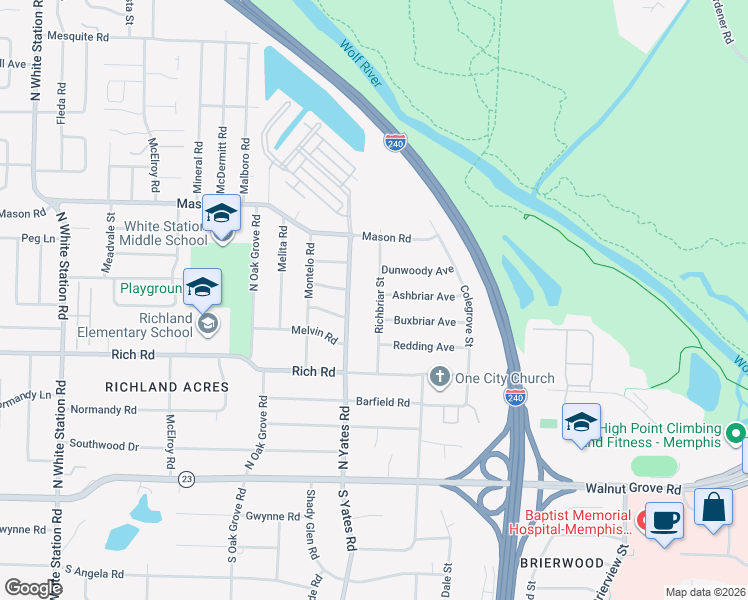 map of restaurants, bars, coffee shops, grocery stores, and more near 233 Richbriar Street in Memphis