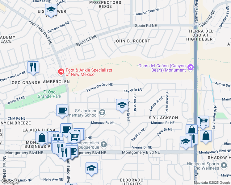 map of restaurants, bars, coffee shops, grocery stores, and more near 11508 Key West Drive Northeast in Albuquerque