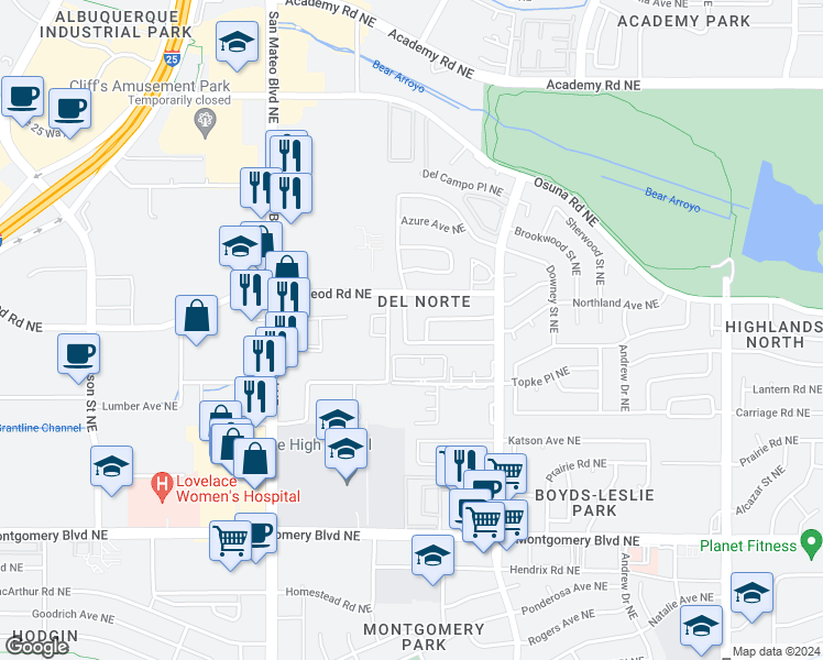 map of restaurants, bars, coffee shops, grocery stores, and more near 4506 Overland Street Northeast in Albuquerque