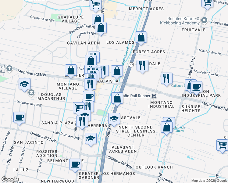 map of restaurants, bars, coffee shops, grocery stores, and more near 206 Sanchez Road in Albuquerque