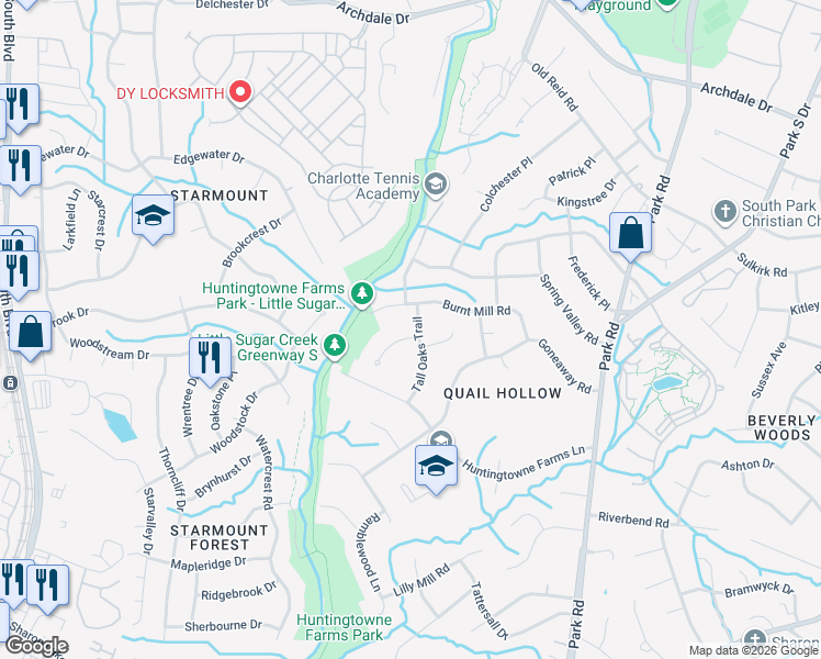 map of restaurants, bars, coffee shops, grocery stores, and more near 6416 Tall Oaks Trail in Charlotte