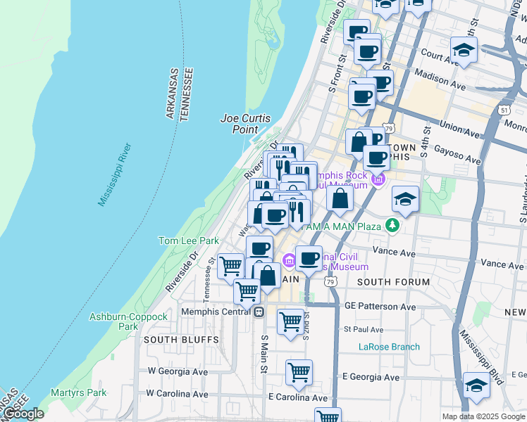 map of restaurants, bars, coffee shops, grocery stores, and more near 347 South Front Street in Memphis