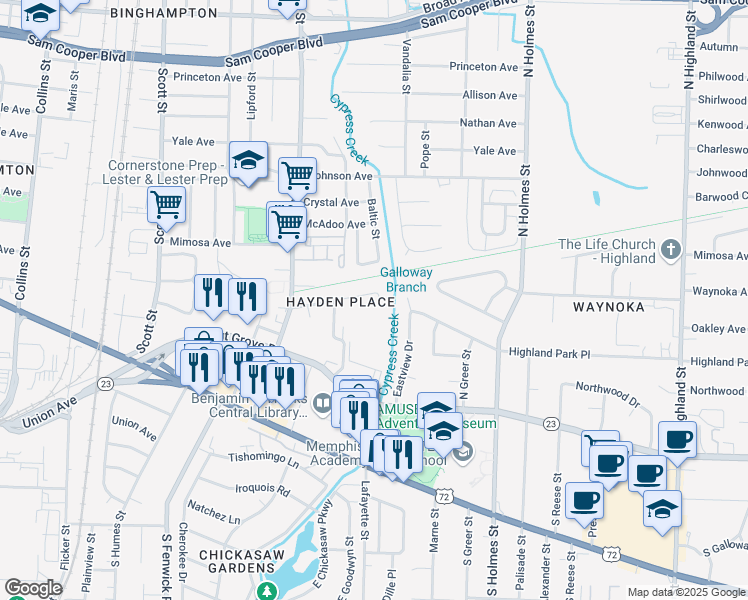 map of restaurants, bars, coffee shops, grocery stores, and more near 203 Wills Street in Memphis