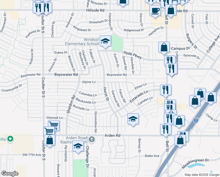 map of restaurants, bars, coffee shops, grocery stores, and more near 6506 Garwood Road in Amarillo