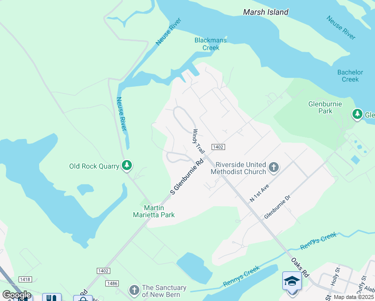 map of restaurants, bars, coffee shops, grocery stores, and more near 107 Wind Hill Ct in New Bern