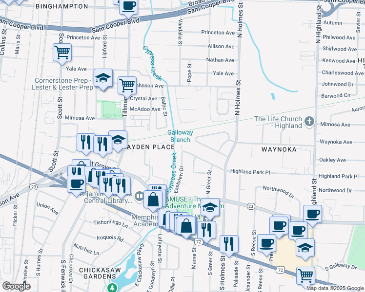 map of restaurants, bars, coffee shops, grocery stores, and more near 3146 Highland Park Place in Memphis