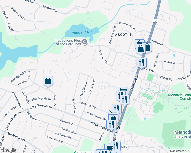 map of restaurants, bars, coffee shops, grocery stores, and more near 5426 Hampton Road in Fayetteville