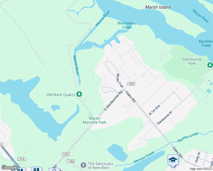 map of restaurants, bars, coffee shops, grocery stores, and more near 100 Margret Court in New Bern