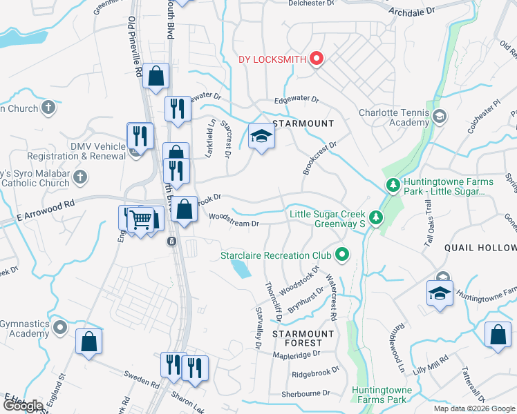map of restaurants, bars, coffee shops, grocery stores, and more near 1600 Starbrook Drive in Charlotte