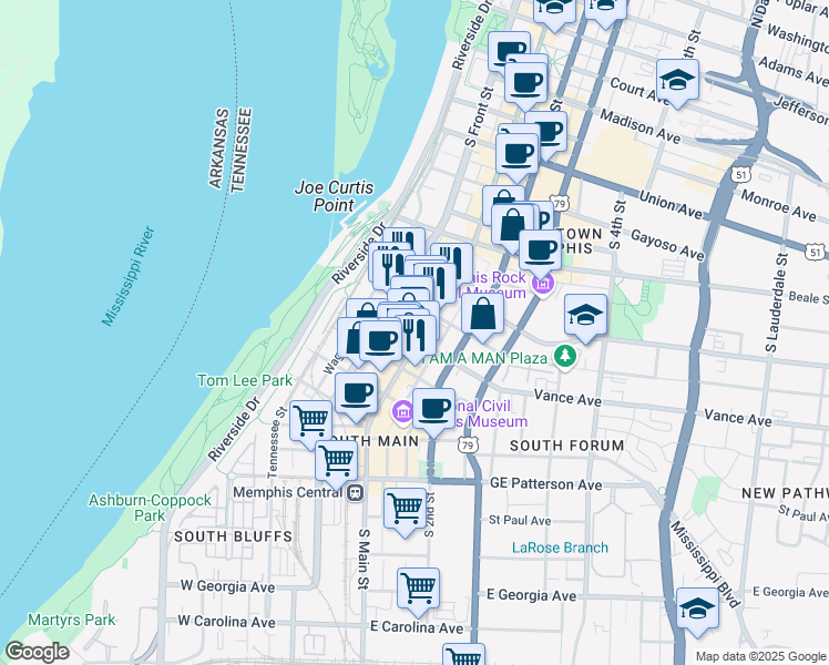 map of restaurants, bars, coffee shops, grocery stores, and more near 325 South Main Street in Memphis