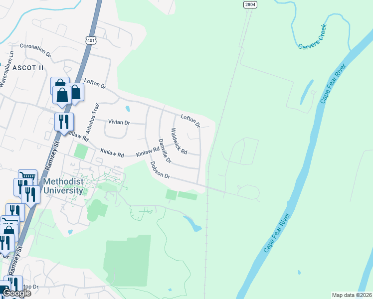 map of restaurants, bars, coffee shops, grocery stores, and more near 5712 Waldwick Rd in Fayetteville