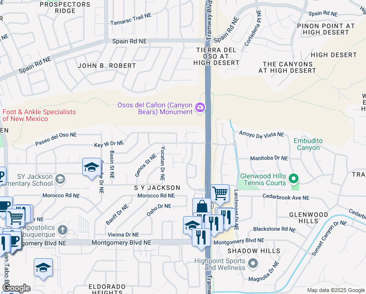 map of restaurants, bars, coffee shops, grocery stores, and more near 4931 Skyline View Court Northeast in Albuquerque