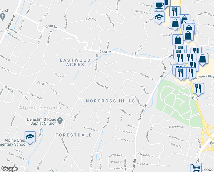 map of restaurants, bars, coffee shops, grocery stores, and more near 5108 Eldridge Road in Chattanooga