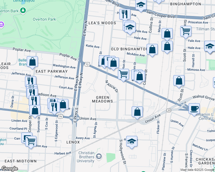 map of restaurants, bars, coffee shops, grocery stores, and more near 65 North Alicia Drive in Memphis