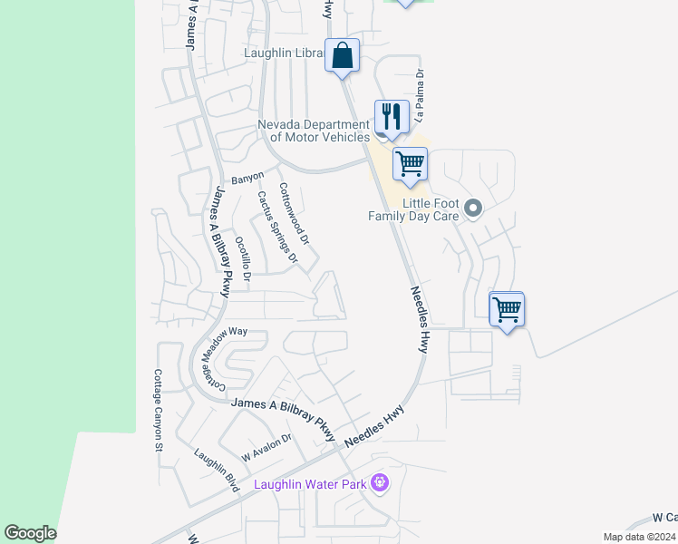 map of restaurants, bars, coffee shops, grocery stores, and more near 2012 Mesquite Lane in Laughlin