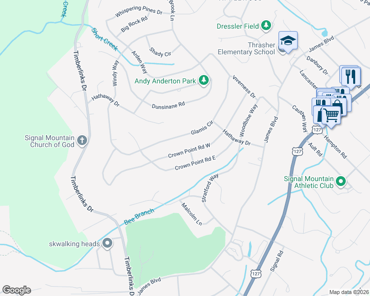 map of restaurants, bars, coffee shops, grocery stores, and more near 912 Crown Point Rd W in Signal Mountain