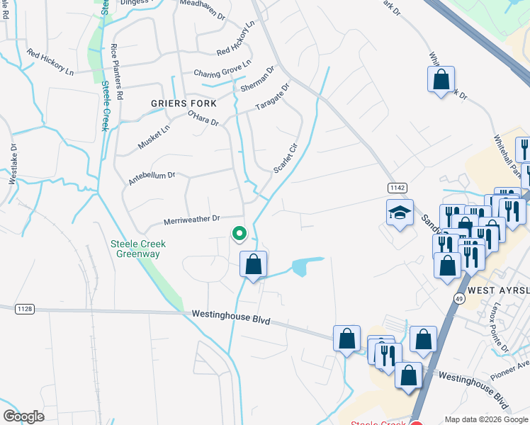 map of restaurants, bars, coffee shops, grocery stores, and more near 12105 Oakhaven Drive in Charlotte