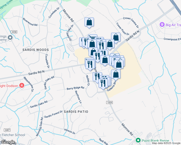 map of restaurants, bars, coffee shops, grocery stores, and more near 9858 Monroe Road in Charlotte
