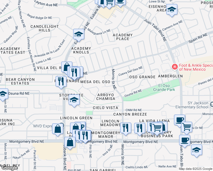 map of restaurants, bars, coffee shops, grocery stores, and more near 5128 Mesa Del Oso Road Northeast in Albuquerque
