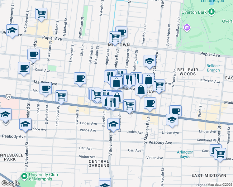 map of restaurants, bars, coffee shops, grocery stores, and more near 1703 Lockett Place in Memphis