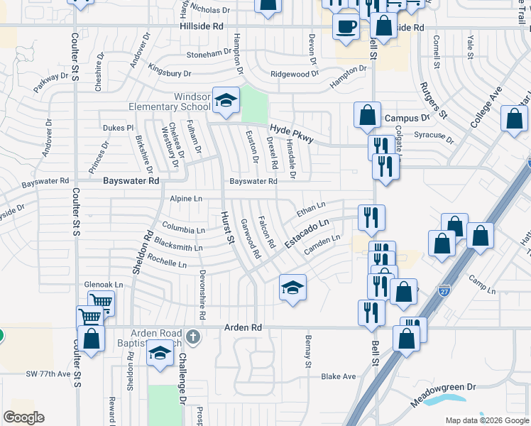 map of restaurants, bars, coffee shops, grocery stores, and more near 6507 Falcon Road in Amarillo