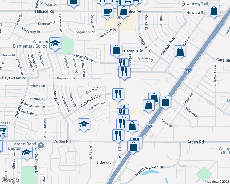 map of restaurants, bars, coffee shops, grocery stores, and more near 6000 Estacado Lane in Amarillo