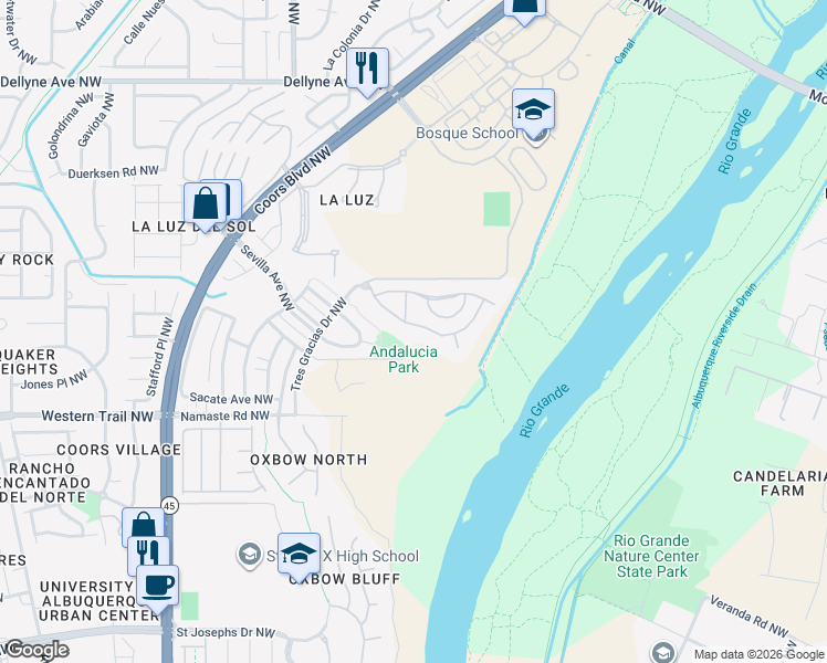map of restaurants, bars, coffee shops, grocery stores, and more near 4916 Camino Valle Trail Northwest in Albuquerque