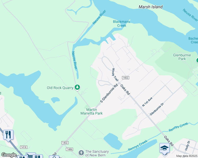 map of restaurants, bars, coffee shops, grocery stores, and more near 100-104 Margret Court in New Bern