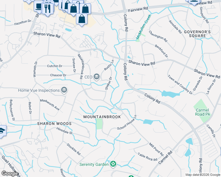 map of restaurants, bars, coffee shops, grocery stores, and more near 3127 Shaker Drive in Charlotte